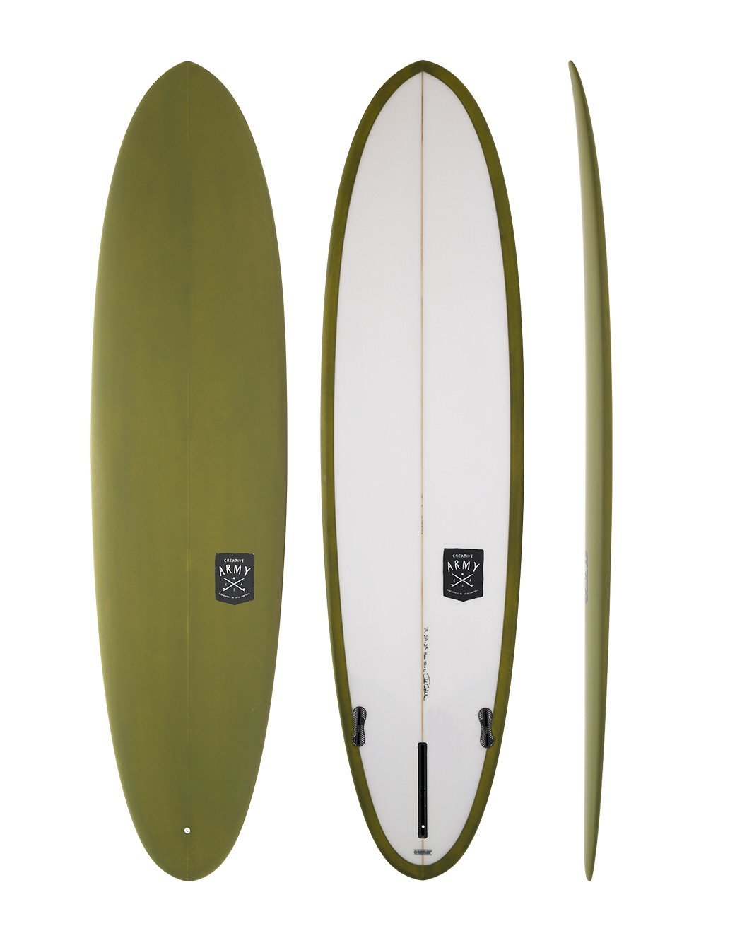 Creative Army Huevo - khaki and white mid length surfboard