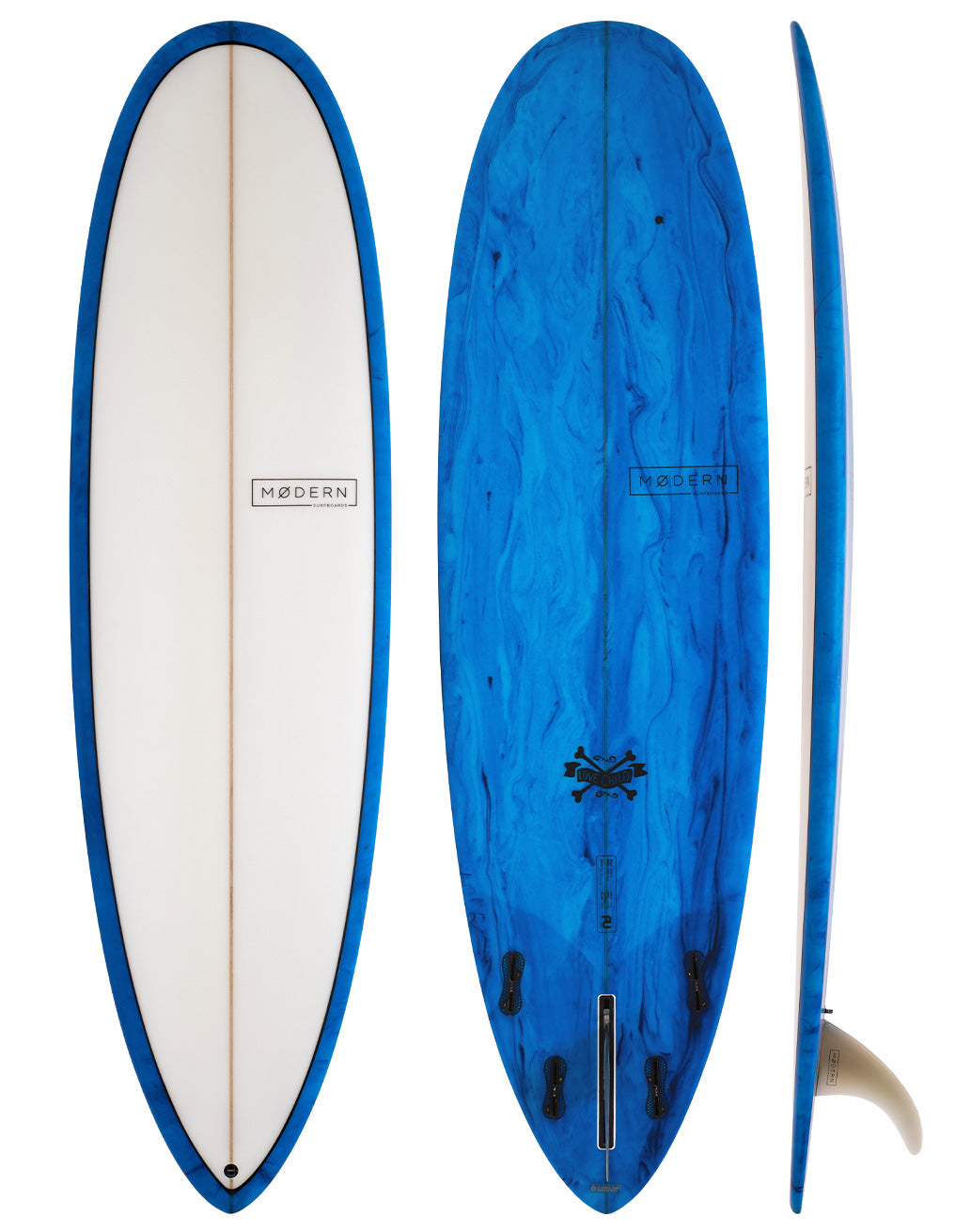Modern Surfboards Love  Child - blue and white mid length surfboard