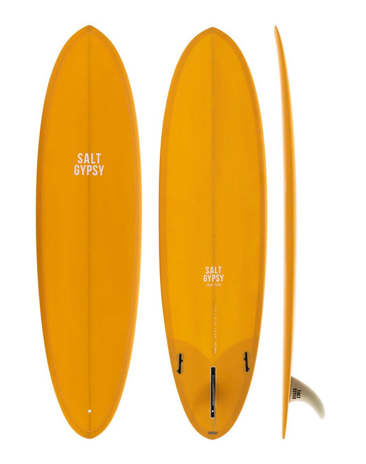 Salt Gypsy Surfboards Mid Tide - mustard colored mid length surfboard