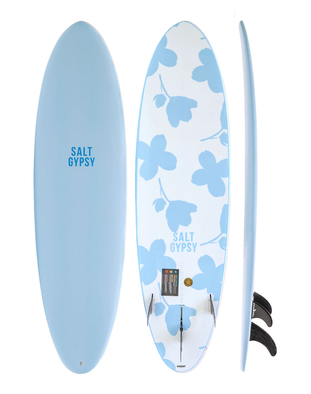 Salt Gypsy Surfboards Mid Tide - blue and white floral mid length soft surfboard