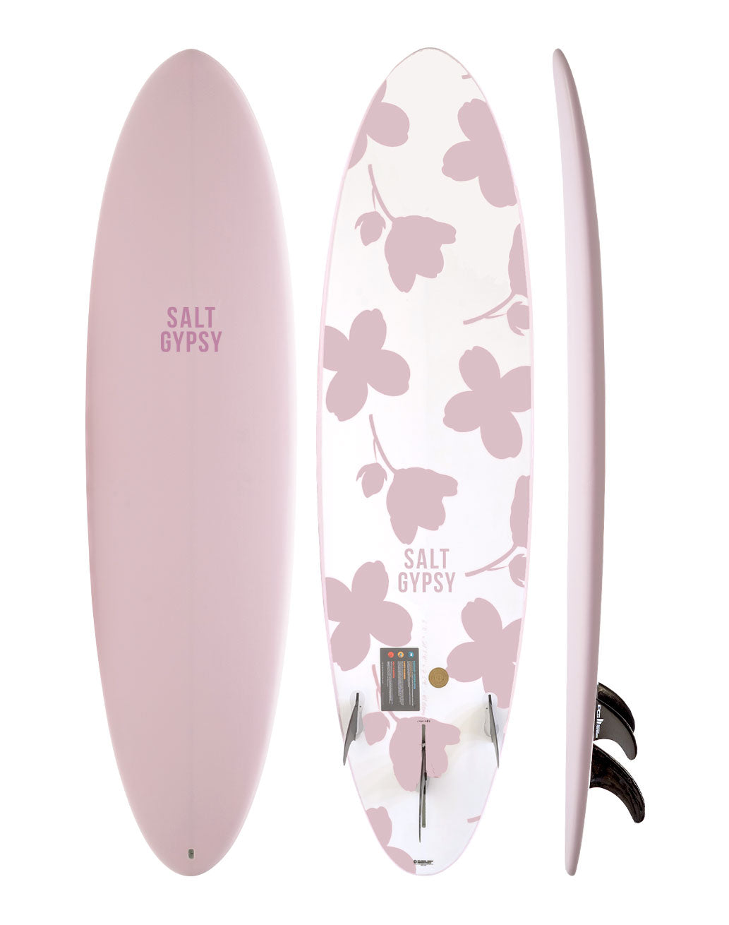 Salt Gypsy Surfboards Mid Tide - pink and white floral mid length soft surfboard