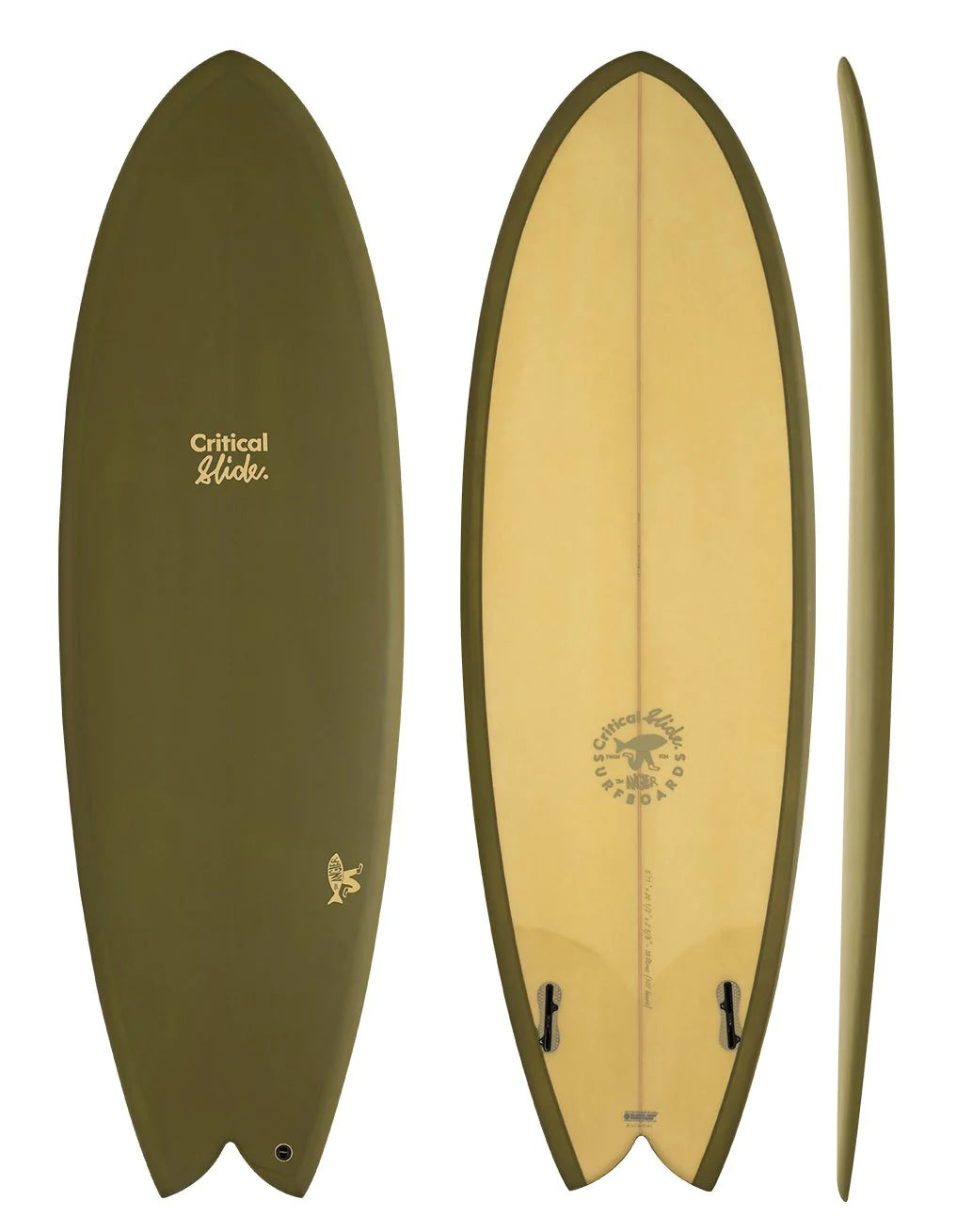 The Critical Slide Society Surfboards Angler - artichoke colored twin fin surfboard